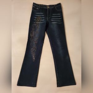 Selling Women's Dark Blue Vintage Y2K Jeans with Floral Glitter Design